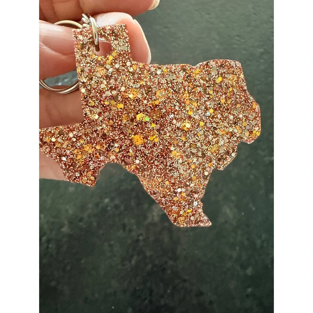 Texas State Shape Keychain Gold Copper Glitter Resin Sparkly‎ Key Ring
